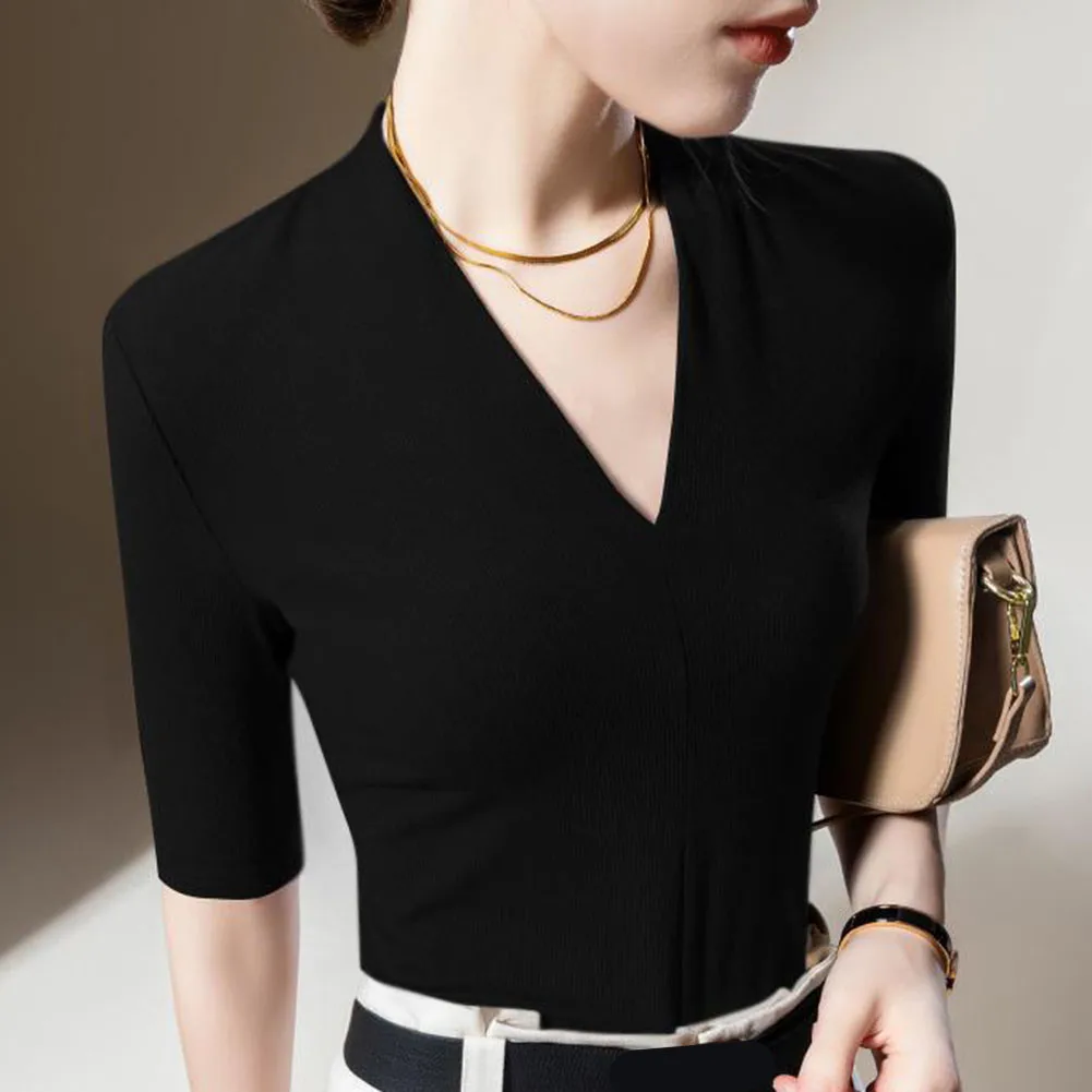 

Повседневная женская футболка с V-образным вырезом и рукавом до локтя, однотонная, облегающая, подходит для отпуска, повседневной носки и вечеринок