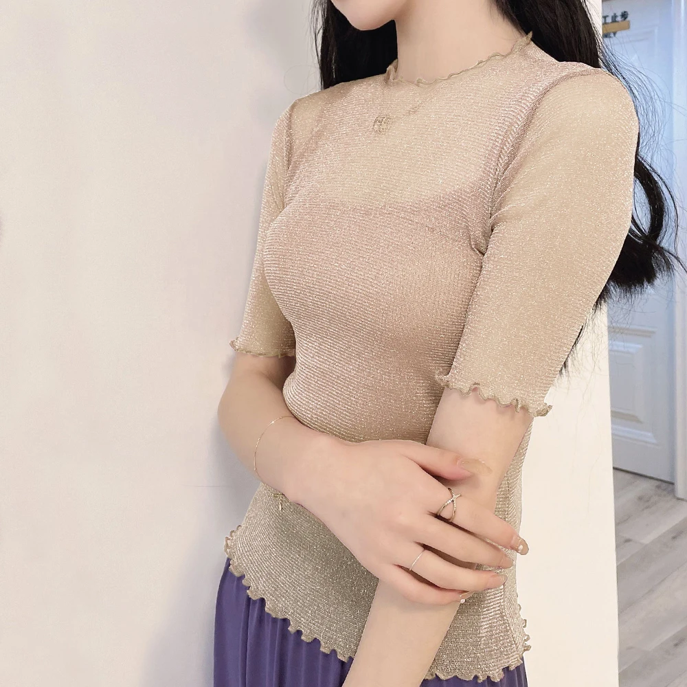 

Y2K Silver Shiny See Through T Shirt Women Short Sleeve O Neck Shirts Lady S-2XL Black White Grey Pink Red Tops Blouse Female