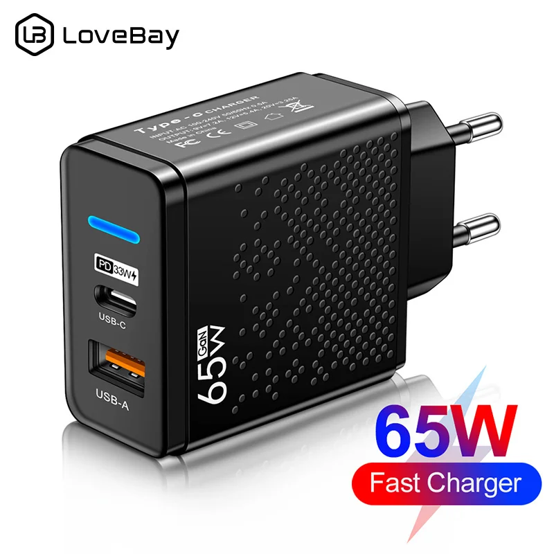 65W GaN Charger USB C Charger Quick Charge3.0 PD Type C Phone Adapter For iPhone 14 iPad Huawei Xiaomi Samsung Fast Wall Charger