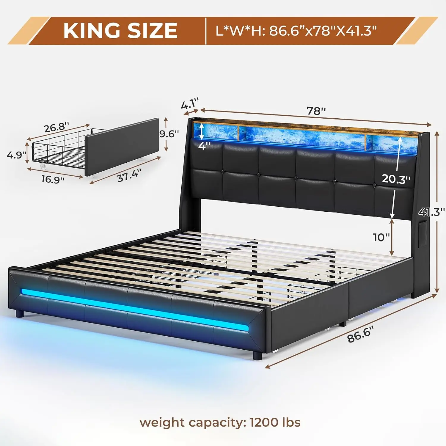 King Bed Frame 4 Drawers Charging Station & LED Lights Upholstered Tufted Wingback Headboard No Box Spring Black, Customized