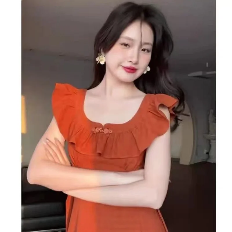 Vestidos sem mangas das mulheres para a mulher festa de casamento primavera chiffon flounce plissado em camadas barco-pescoço princesa mori menina fairycore