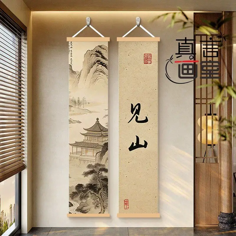Aesthetic Asian Wall Decor, Zen Brush Stroke Hanging Scroll, Oriental Landscape Canvas Art for Meditation Center Room Decor