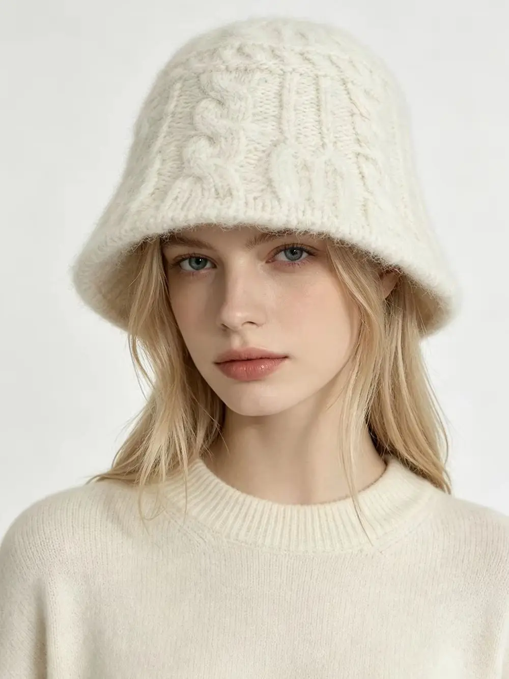 Women Fuzzy Cable Knit Bucket Hat Soft Textured Knitted Cloche Hat Warm Neutral Tone Winter Fisherman Cap Cozy Aesthetic Outfits