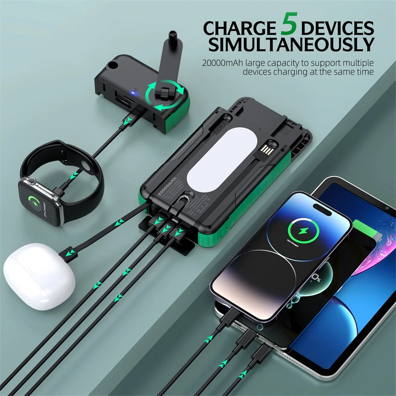

20000mAh Hand Crank Solar Power Bank Dual USB with Light Waterproof Portable Charger Powerbank for iPhone 16 15 Samsung Battery