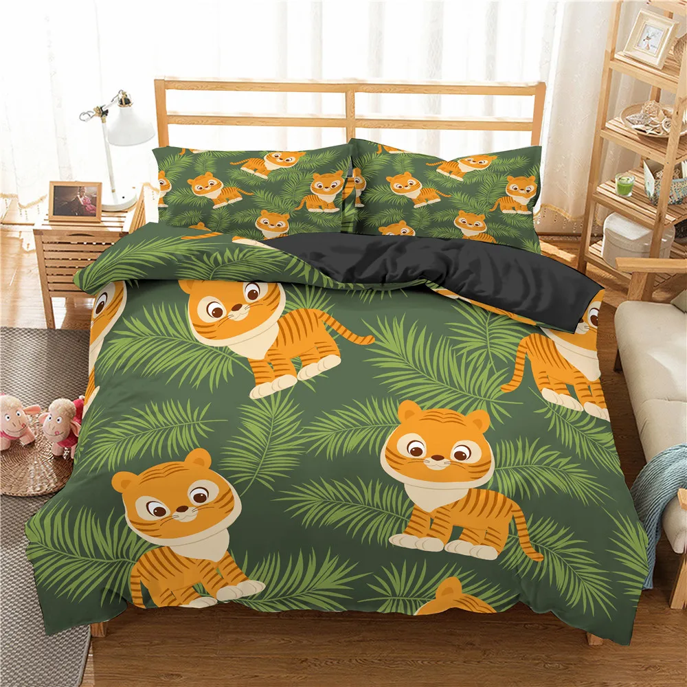 

Jungle Animal Duvet Cover King Queen Tropical Plants Palm Leaves Bedding Set Kids Tiger Wildlife 2/3pcs Quilt Cover
