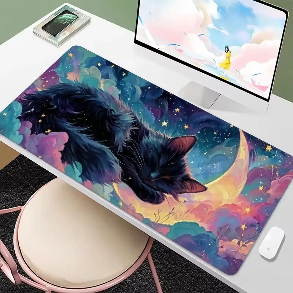 Mystical Galaxy Black Cat Moon Art Non‑Slip Rubber MousePad Smooth Desk Mat For Accurate Mouse Control Gaming Laptop Desktop Use