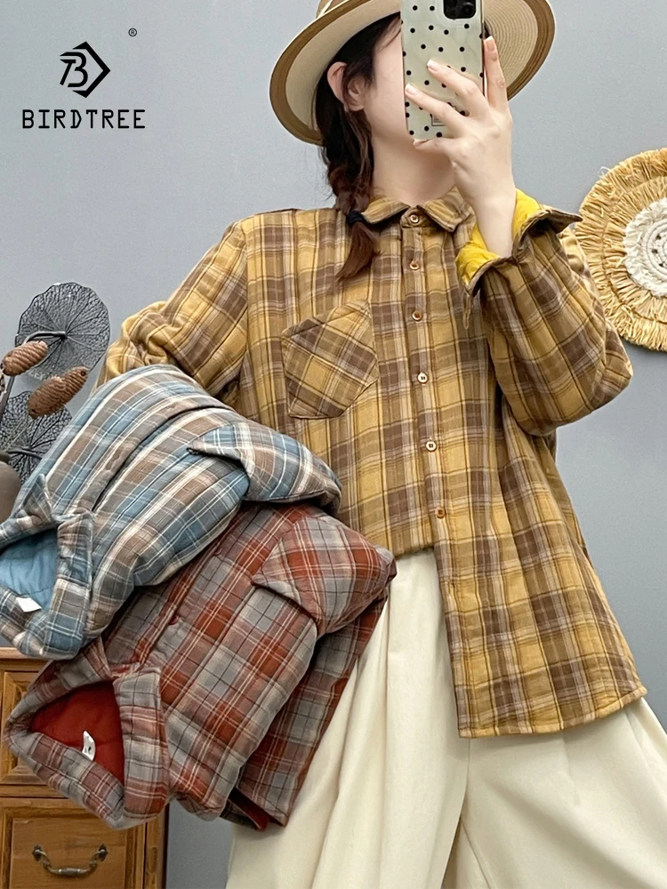 

Новинка 2025, осенняя хлопковая утепленная рубашка с длинными рукавами, женская клетчатая рубашка с отложным воротником, повседневная теплая свободная блузка в стиле ретро Mori Girl T5O088CC