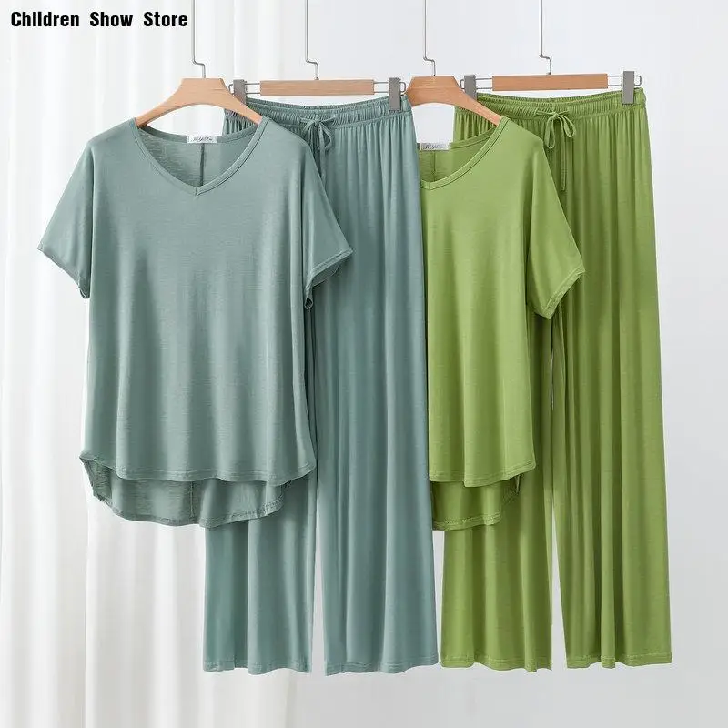 Solid Color Modal 2Pcs Homewear Sets Loose Pajamas Suit T-Shirt Short Sleeves Long Pants Thin Sleepwear Summer Spring Loungewear