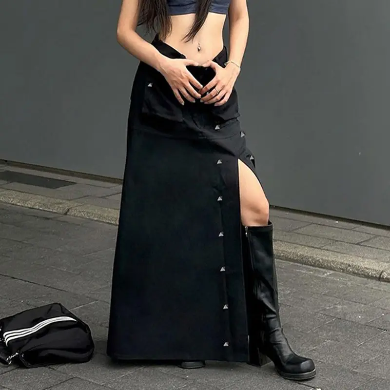 Line Maxi Skirts High Quality Gothic Pockets Rivet Split Skirt Dark Solid Mid-Waisted A-Women 2024 Fashion Streetwear Skirt