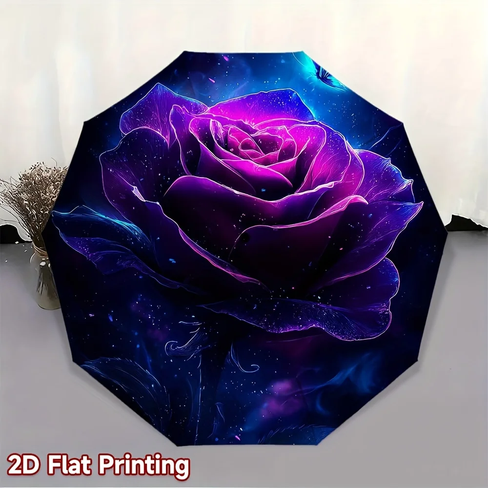 

Автоматический зонт с кнопкой открытия/закрытия одним нажатием - дизайн с фиолетовыми розами и синими лепестками, 8-спицевая ветроустойчивая конструкция, автоматическое открывание/закрывание.