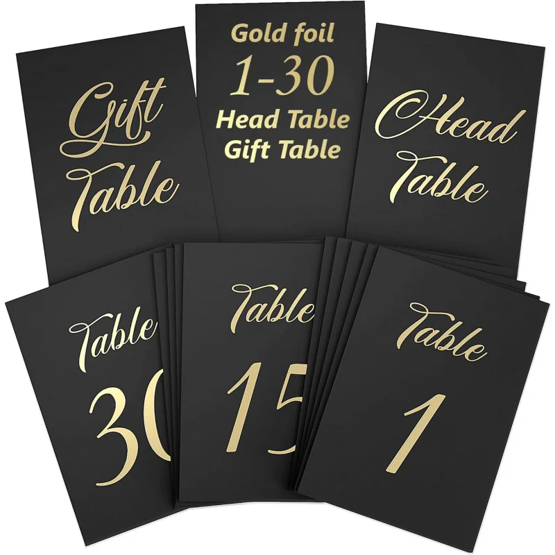 custom  design 100pcs a lot  Black Table Numbers 1-30 Festival Holiday Wedding Reception Table Gift Card with Gold Foil