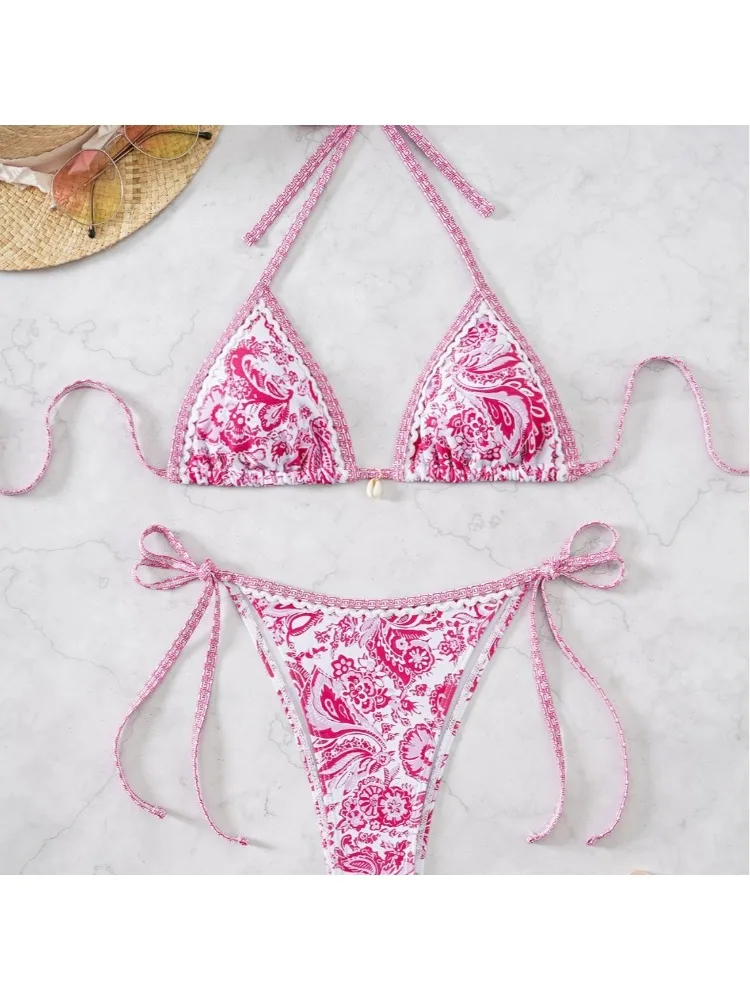 المرأة الأزهار طباعة مجموعة البكيني 2025 جديد الصيف مثير الرسن عارية الذراعين رفع قطعتين ملابس السباحة الأزرق الشاطئ ملابس السباحة امرأة #2