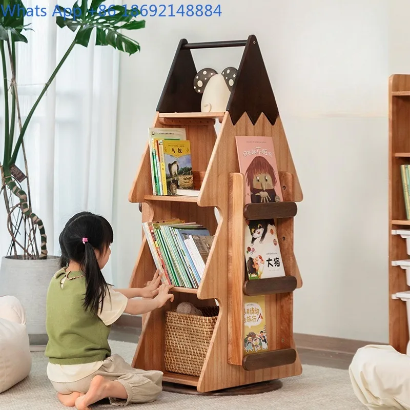 Scaffale girevole a 360 gradi Scaffale per libri illustrati in legno massello Area lettura Libreria Organizzatore di stoccaggio da pavimento per uso domestico