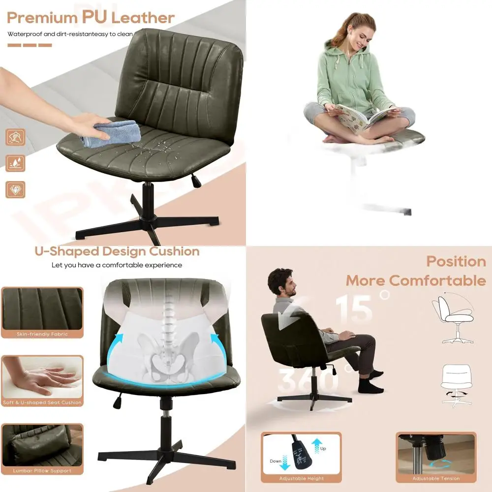 

Green Modern PU Leather Swivel Chair, Adjustable Height, Armless, Cross-Legged Office Desk Chair