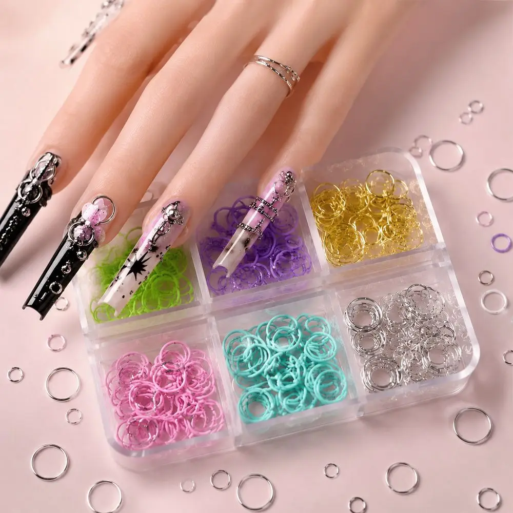 6 Grids Multi‑Size Mixed Nail Metal Rings Kit Open Jump Rings Hollow Circle Punk Loop Charms For 3D Y2K Aesthetic Manicure Decor