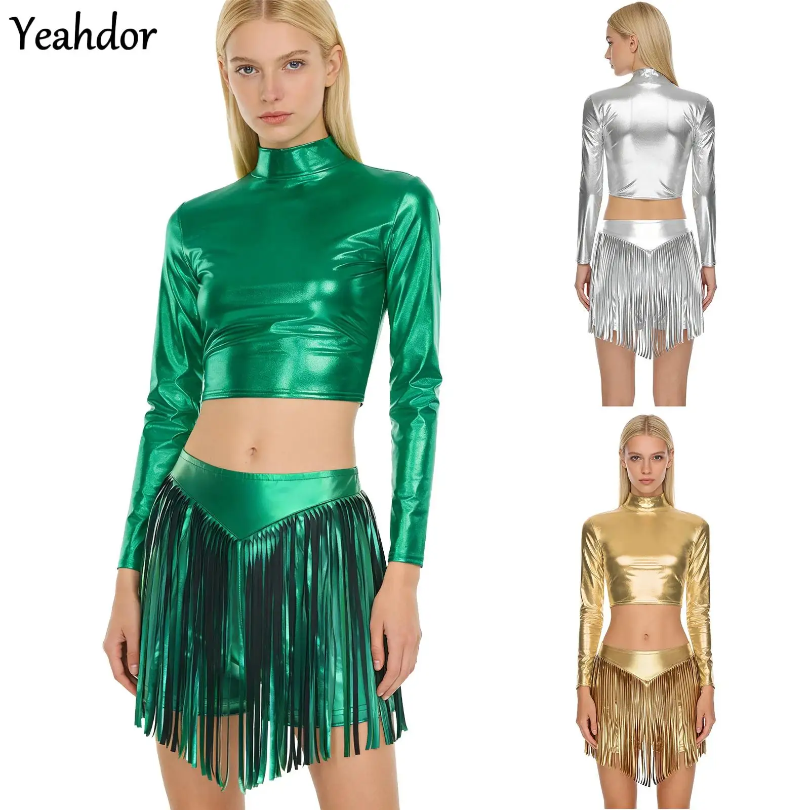 

Women Raves Disco Dance Costume Metallic Shiny Long Sleeve Crop Top with High Waist Fringed Hot Pants Rock Club Pole Jazz Outfit