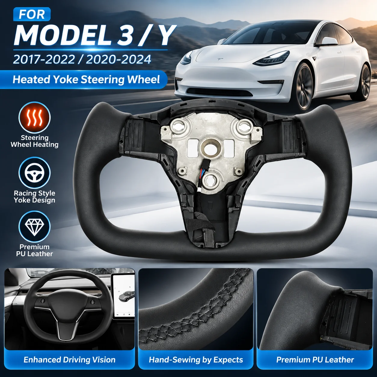 Heated Yoke Steering Wheel Black PU Leather Without Airbag For Tesla Model 3 2017‑2022 Model Y 2020‑2024 Racing Style Modified Steering Wheel Car Accessories