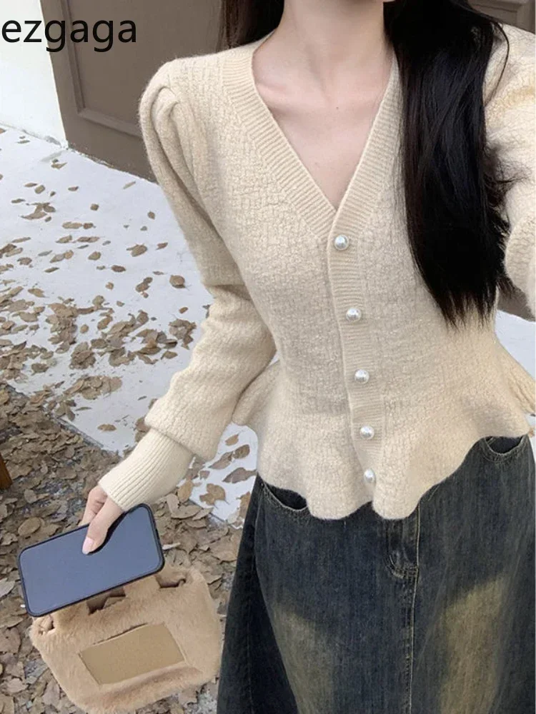 Ezgaga Knitted Cardigan Women French Style Chic Pearl Button Autumn Winter Fashion Sweater Outwear Slim Elegant Crop Tops Ladies