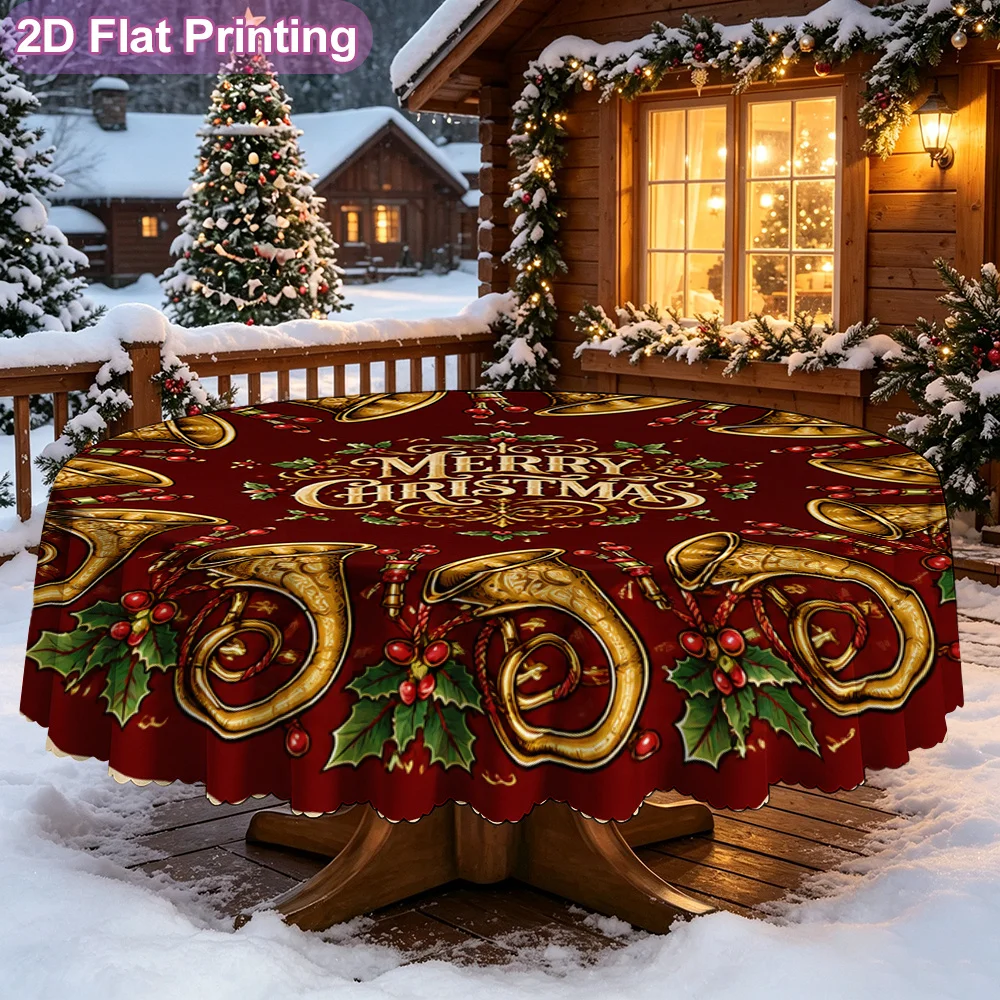 2D flat single-piece tablecloth, Merry Christmas trumpet horn holly round pad