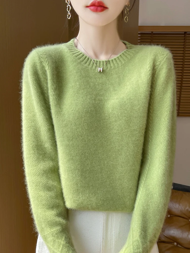 Thick Women's Casual Elegant Pullover O-Neck 100% Merino Wool Knitted Sweater Autumn Winter Warm Solid Cable Stitch Clothing Top