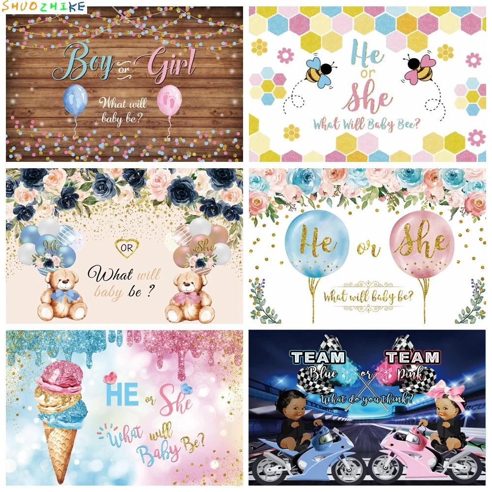 

Boy or Girl Balloons Gender Reveal Birthday Party Backdrop Wooden Board Glitter Light Photography Background Photo Studio Props