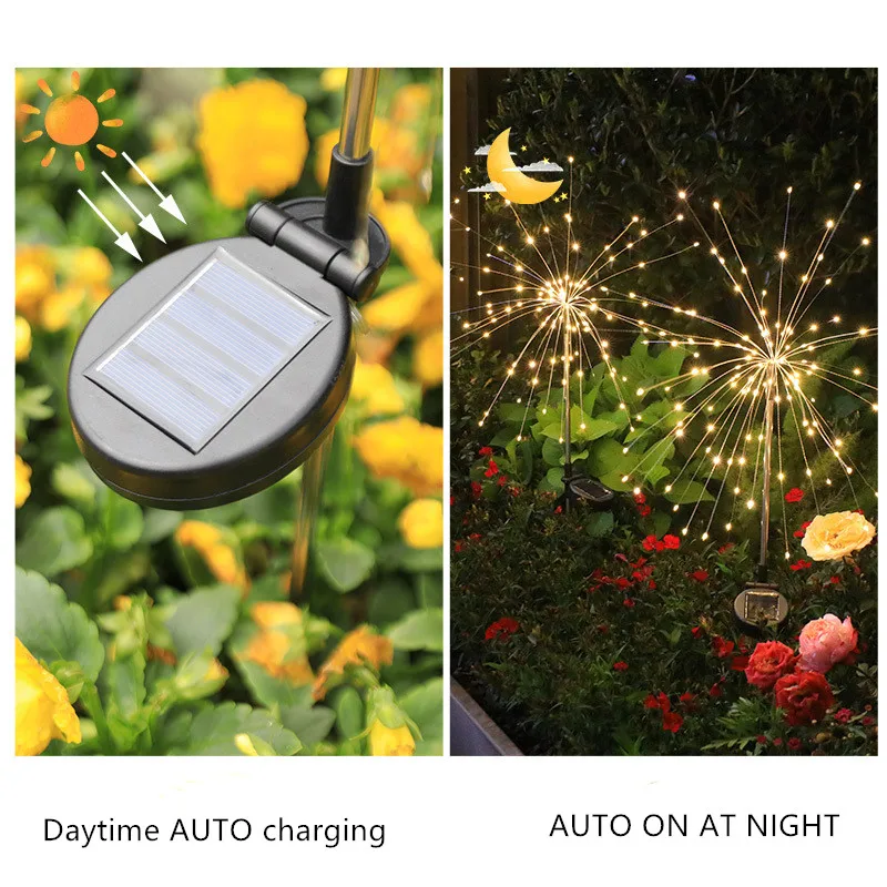 2Pcs/lot LED Solar Fireworks Lights Waterproof Outdoor Dandelion Flash String Fairy Lights for Garden Landscape Lawn Decor 002