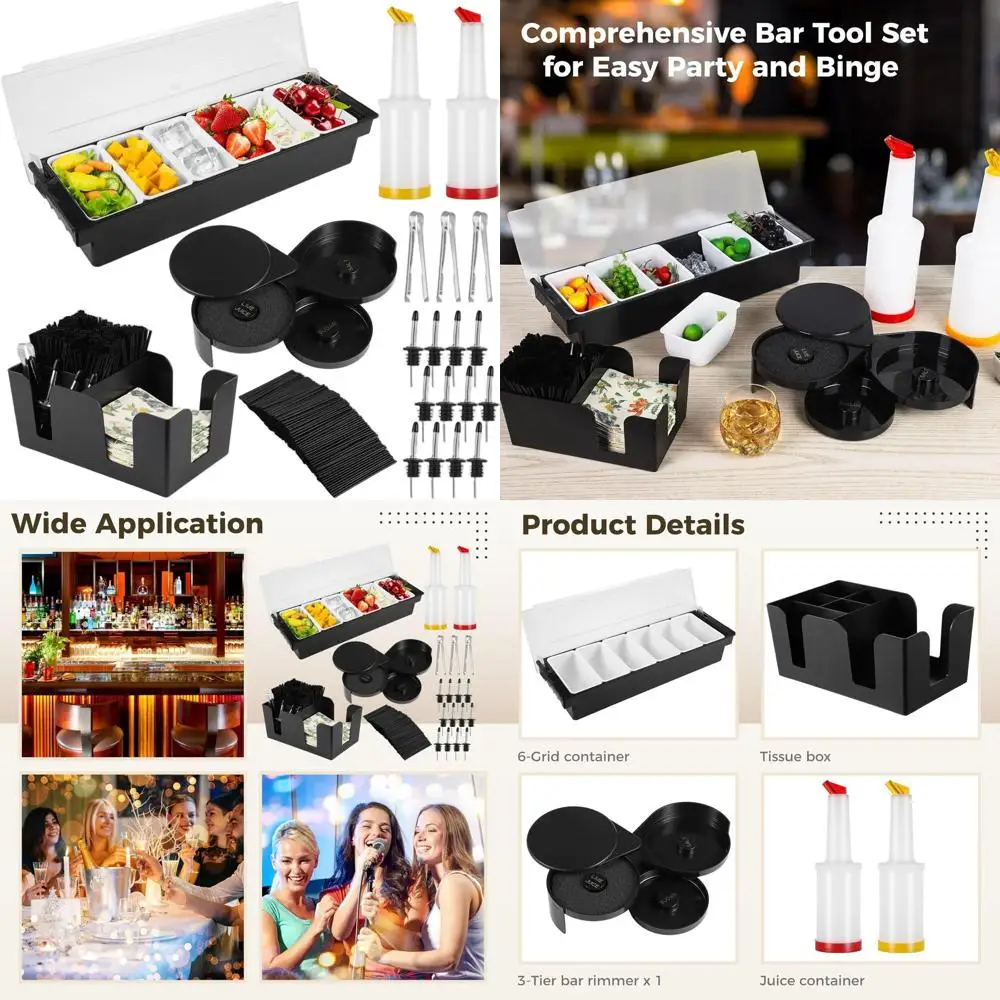 

6-Compartment Garnish Tray with Lid, 3-Tier Rimmed Glasses, 12 Stainless Steel Pourers, 2 Plastic Juice Dispensers, 1000 Cocktai