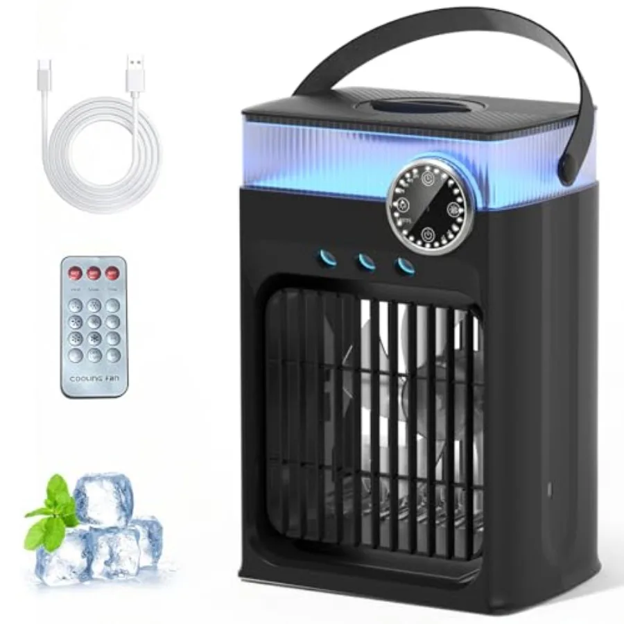 

Portable air conditioner for home bedroom use, black plastic unit with RGB LED lights, 3-speed fan, 3-spray modes, 1200ml tank,