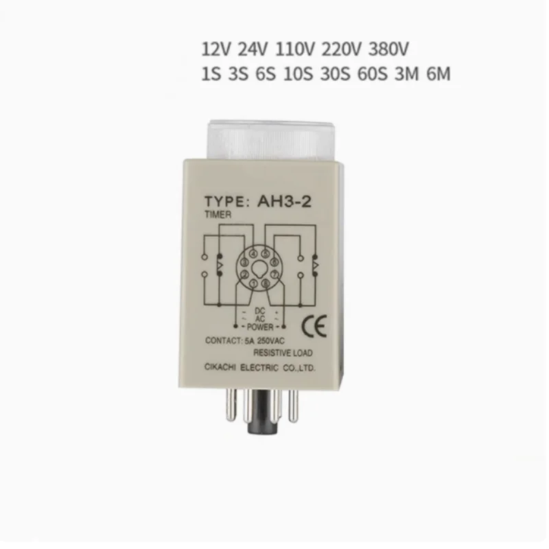 1PCS AH3-2 Time relay 12V/24V/110V220V/380V Delay Timer Time Relay 8Pin with base 1S 3S 6S 10S 30S 60S 3M 6M  60M
