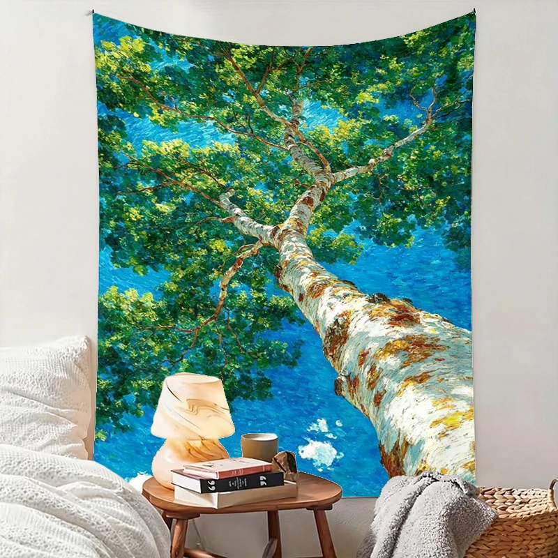 1PC Birch Tree Blue Sky Art Print Backdrop Banner, Bedroom Living Room Photo Background, Polyester, Home Decor, Wall Art