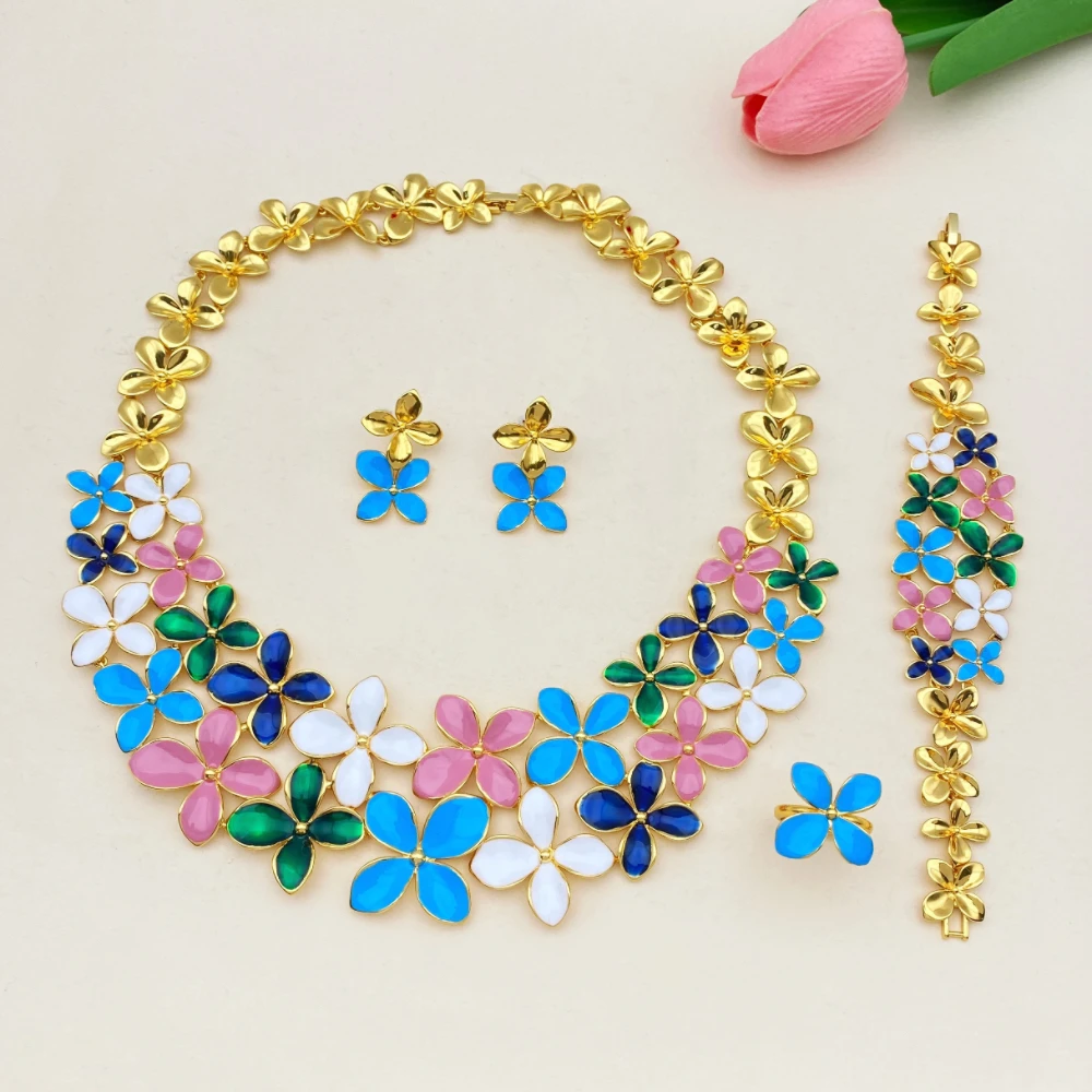 

Flora Vintage Floral Gold Plated Jewelry Set Necklace Earrings Bracelet Ring Fashion Accessories for Women Oil Drop Design