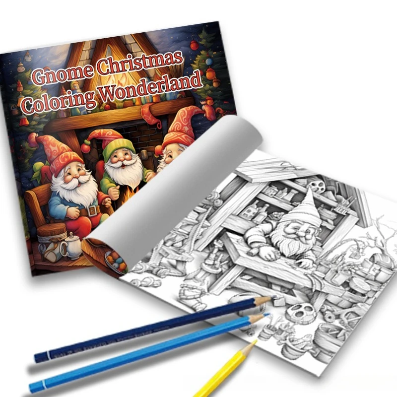 Gnome Christmas Coloring Wonderland Coloring Book Cute Xmas Dwarf Fireplace Cabin Tree Holiday Winter Stress Relief Drawing Book