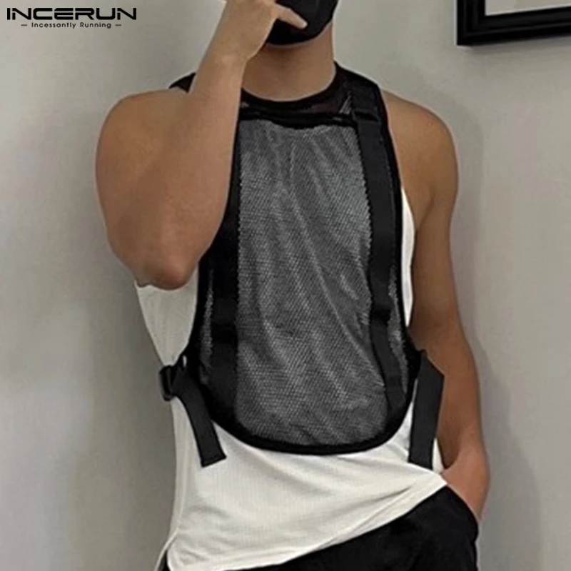 INCERUN Men\'s Tank Tops Mesh Transparent Solid Color O-neck Sleeveless Casual Male Vests Streetwear 2024 Fashion Men Clothing