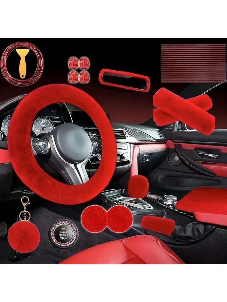 37pcs Luxury Car Accessory Kit - Plush Goddess Charm, Steering Wheel & Gear Covers, Handbrake Protector, Coasters & More -