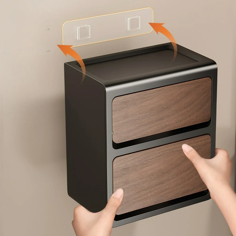Wall-mounted Double Layer Toilet Paper Holder Wood Grain Non-drilling Storage Rack Accessories for Bathroom Toilet Roll Holder