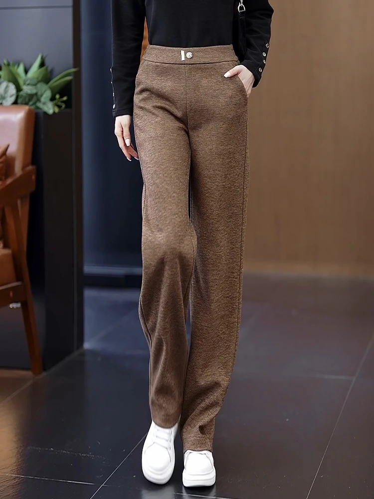 

High Waist Slim Fit Woolen Wide Leg Pants Casual Straight Cut Trousers for Women Autumn Winter Fashion Korean Style