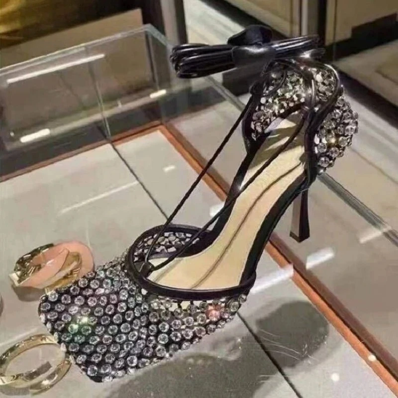 

Green Yellow Crystal Women Pumps Square Toe Fishnet Hollow Ankle Cross-Tied High Heel Rhinestone Sandals Lady Dress Shoe