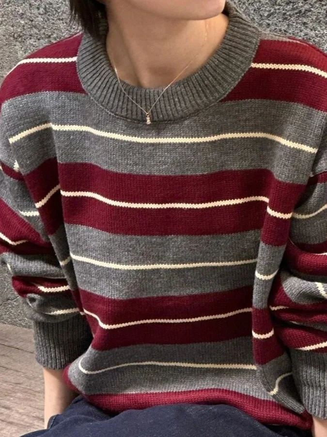 

Свободный крой в полоску в стиле ретро, вязаный свитер, женский осенне-зимний модный дизайн, повседневный свитер из полиэфирного волокна