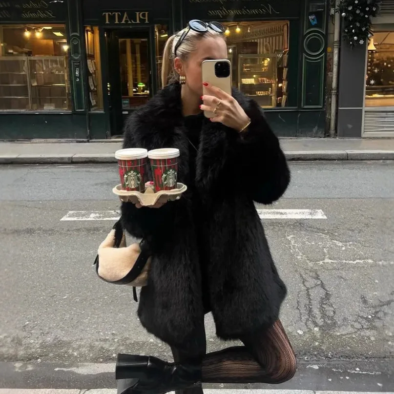 

Fashionable Fox Fur Coat Thickened Eco-friendly Faux Fur Jacket Mid-Length Collar Warm Autumn Winter Outerwear Women's Top