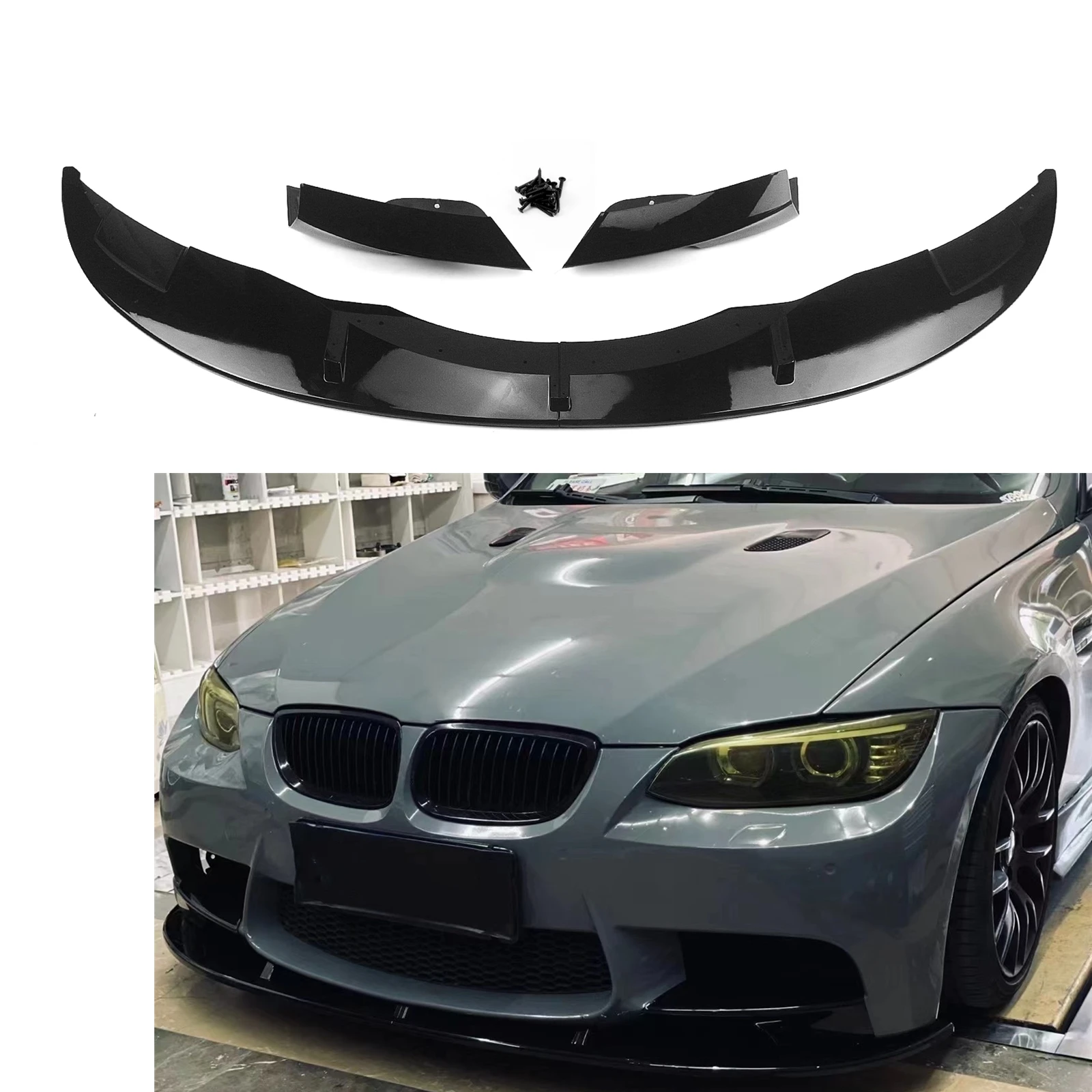 Front Bumper Spoiler Lip For BMW E90 E92 E93 M3 2007-2013 Base Coupe/Sedan V Style Gloss Black/Carbon Fiber Look Splitter Blade