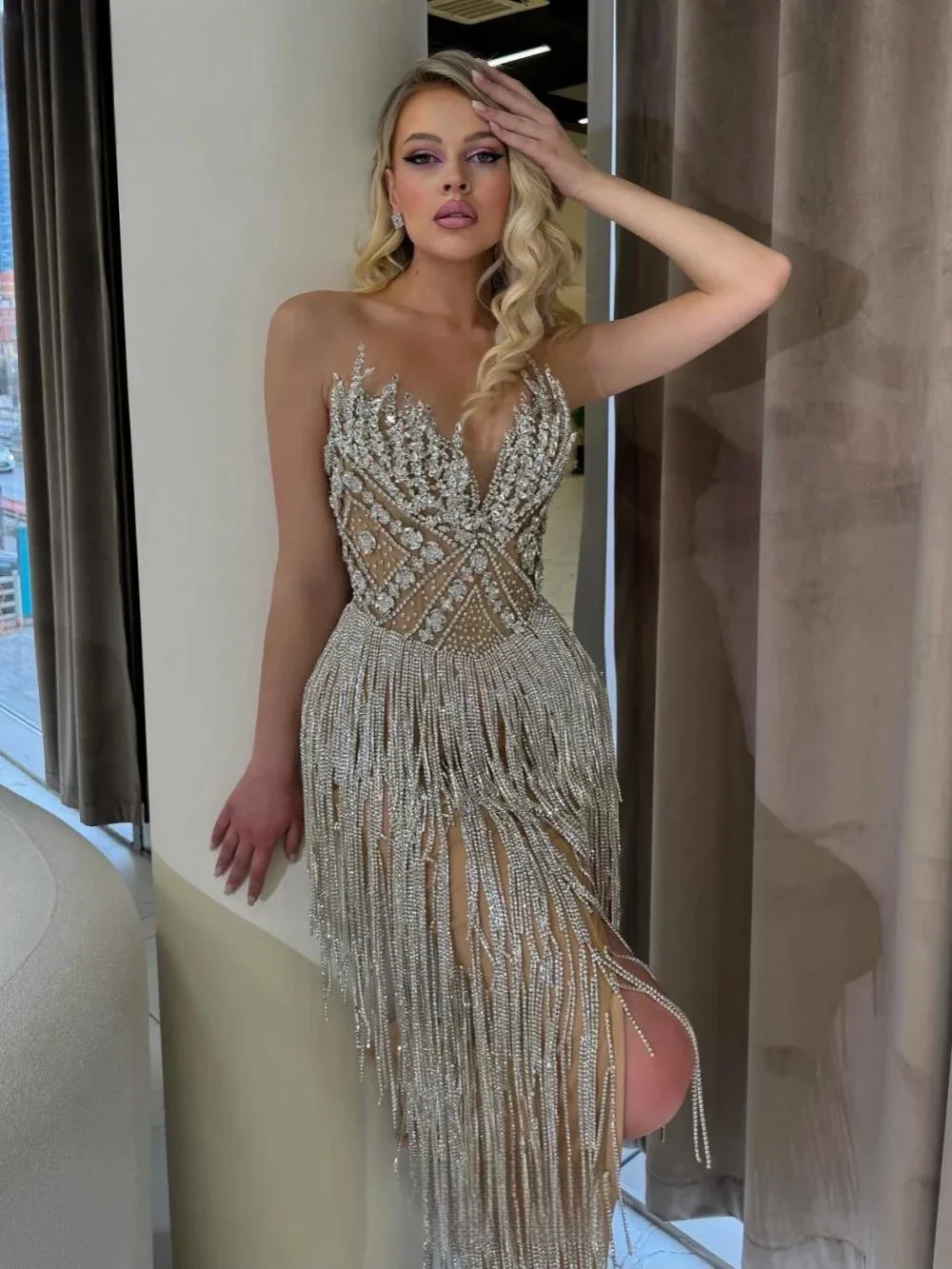 

Women Sexy Illusion Cocktail Dresses Sparkly Crystal Tassel Prom Gown Luxury Straight Long Evening Dress Customized