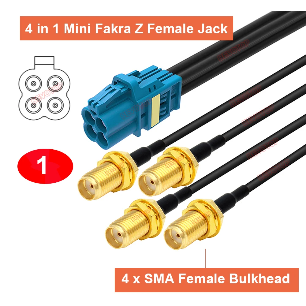1PCS Z Type 4-Core 4 in 1 Mini Fakra to 4 x SMA Male/Female Connector Cable RSBG Version BEVOTOP Auto Wire Harness