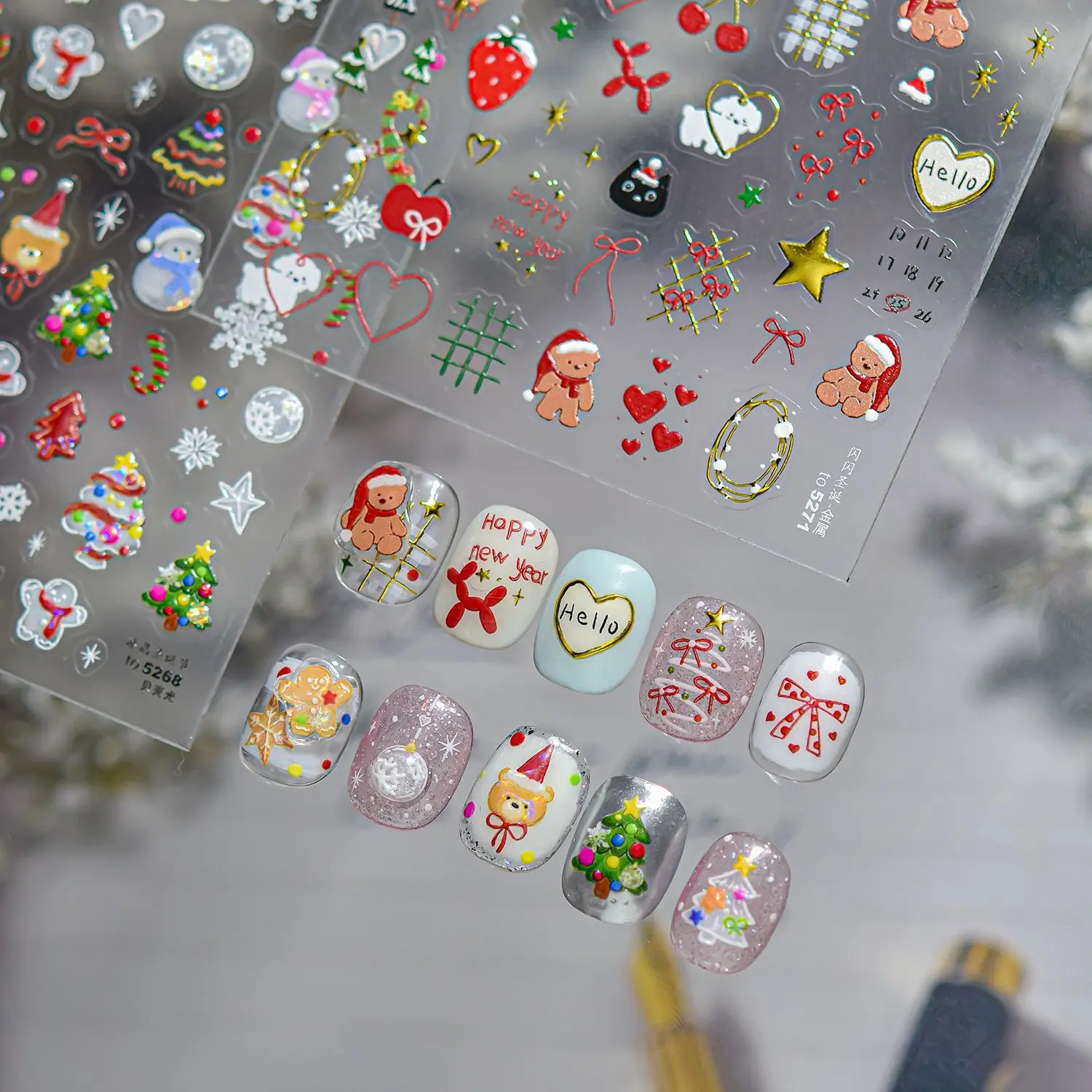 Snowman Snowflakes Stars Bear Scarf Christmas Tree Wreath Bowknot Winter Moon Santa Claus Crystal Ball Nail Art Stickers Decals