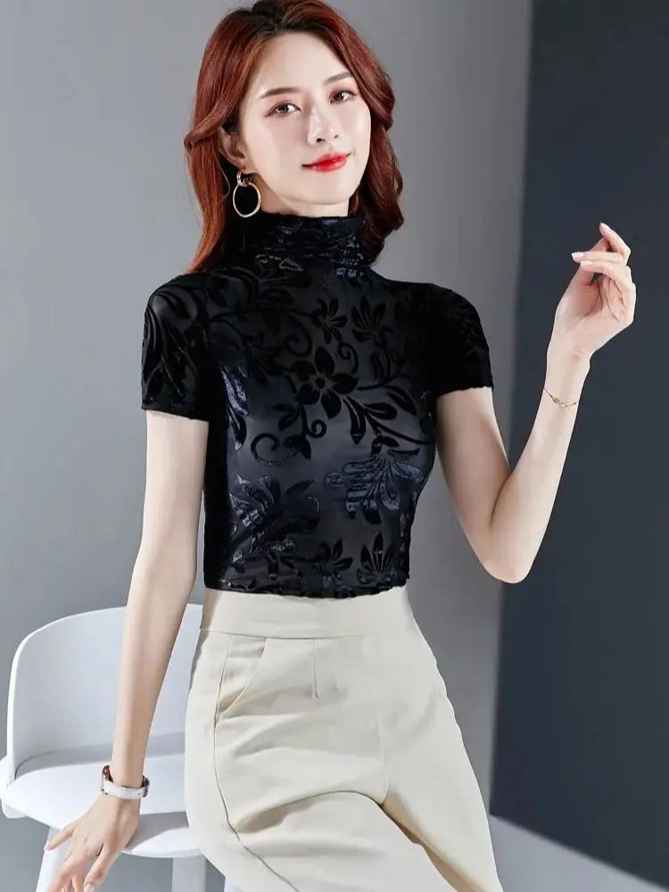 2024 Trend Mesh Female T-shirt Spring Summer Korean Version Woman M-3XL Short Sleeves Slim Turtleneck Pullover Velvet