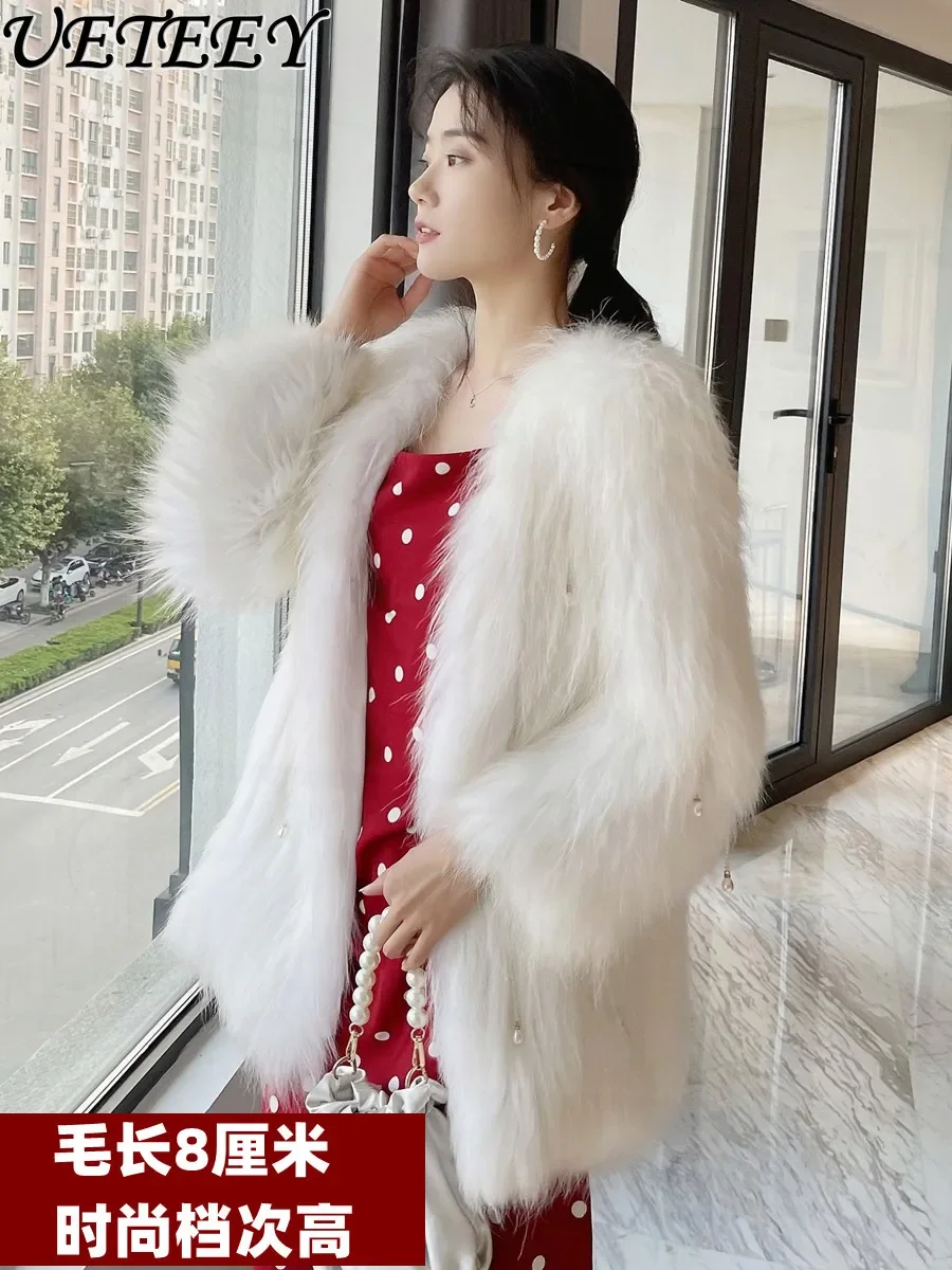 2023 New Fur Coat Women's Winter Imitation Fox Fur Mid-Length Korean Style Elegant Pearl Tassel Thickened Raccoon Fur Coat