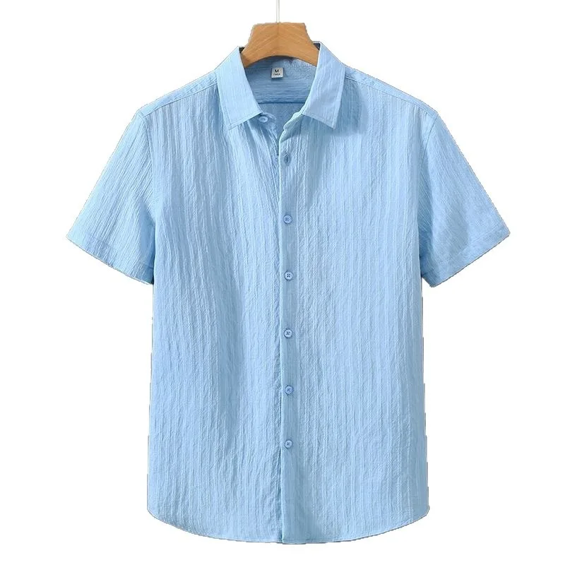 2025 Men's Clothing Short Sleeve Shirt Summer Linen Striped Jacquard Loose Fit Sun Protection UPF Breathable