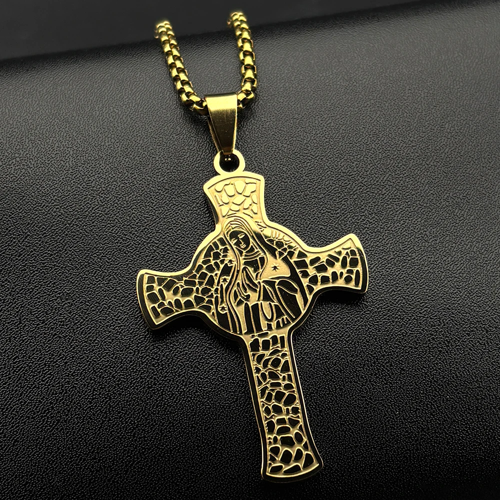 Catholic Virgin Mary Cross Pendant Necklace for Women Men Stainless Steel Gold Color Our Lady Guadalupe Hip Hop Chain Jewelry