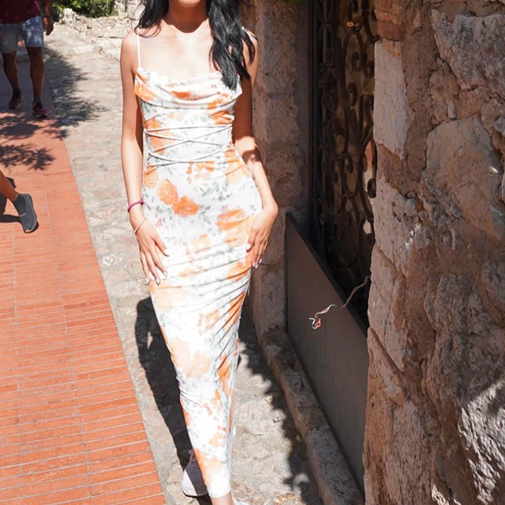 Sukienki Wiosna Lato Obcisłe Eleganckie Sznurowane Kwiatowe Bez Rękawów Kwadratowy Dekolt Bodycon Midi Sukienki Dla Kobiet