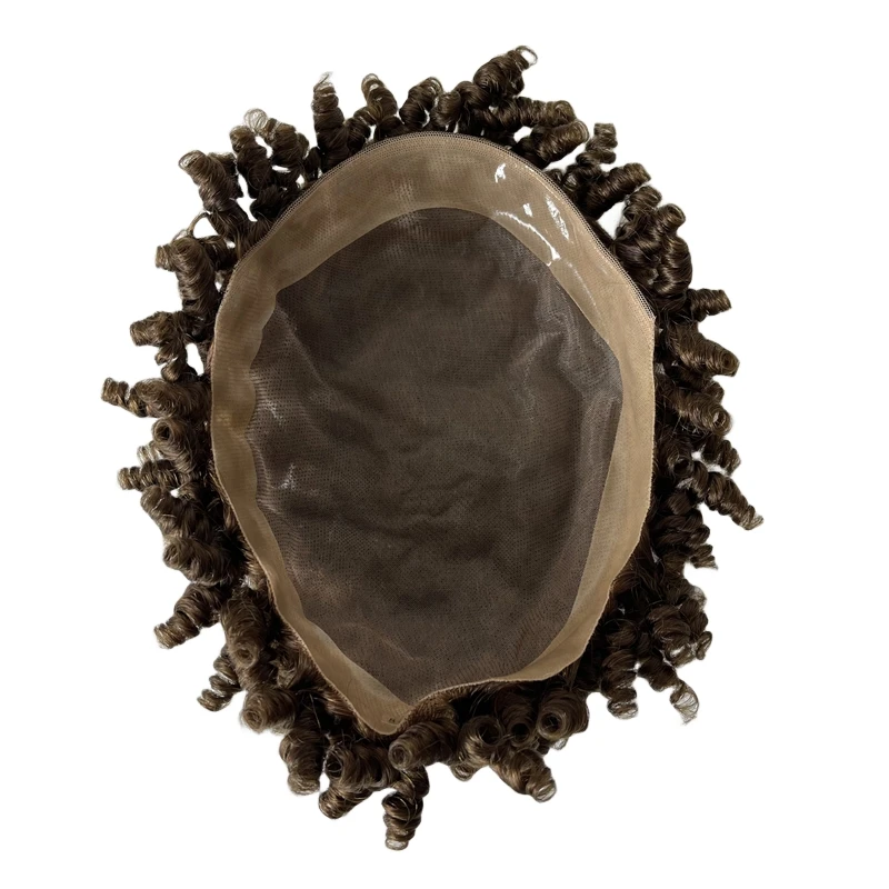 Reemplazo de cabello humano virgen indio, Color medio de cejas, rizo en espiral 8x10 Mono con tupé de PU para hombres negros, 4 #