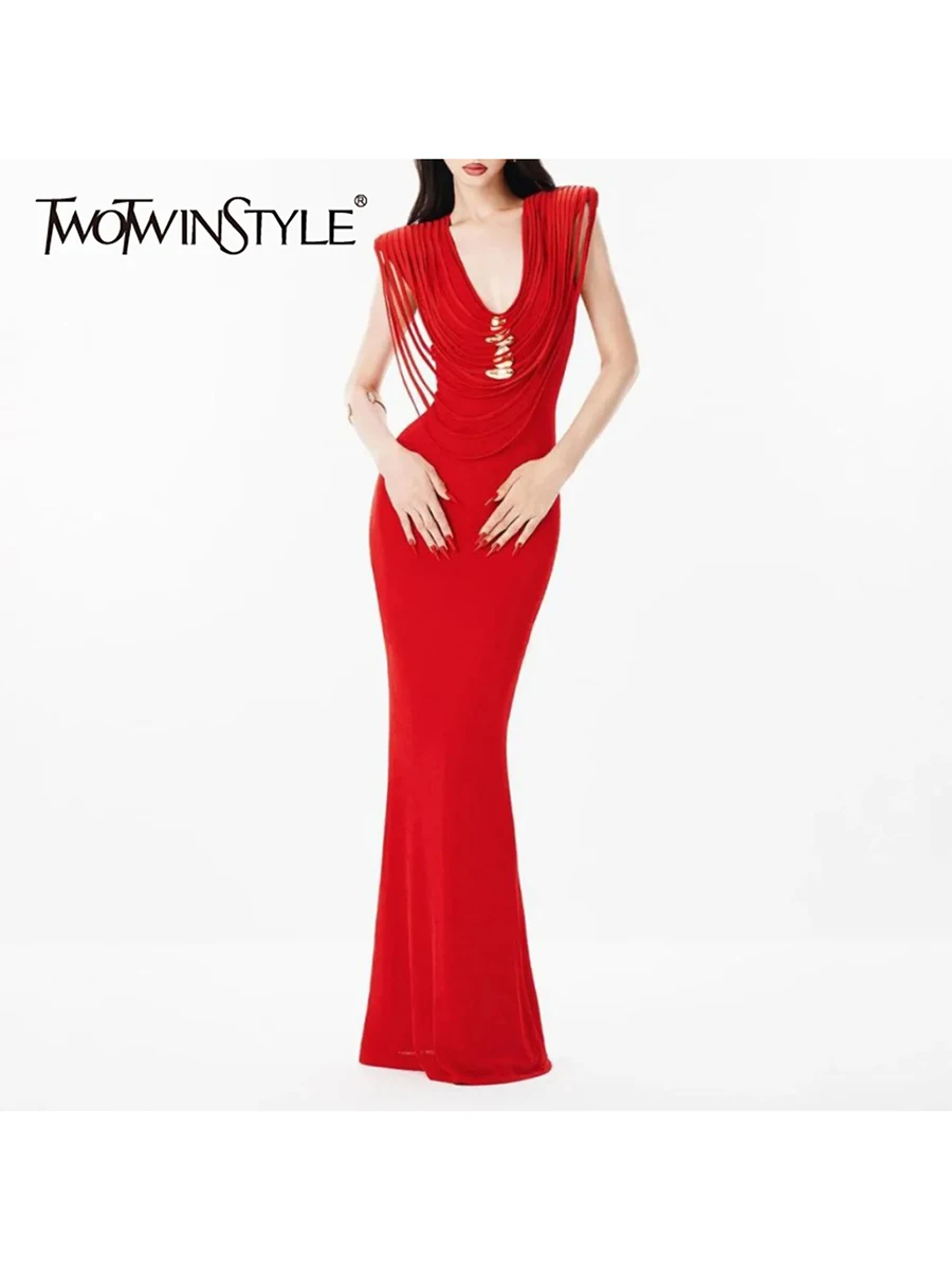 

Платье TWOTWINSTYLE с красными бахромами для женщин, с U-образным вырезом, без рукавов, с завышенной талией, облегающее, с пэчворком, на молнии, длинное, женское, модное, 2026